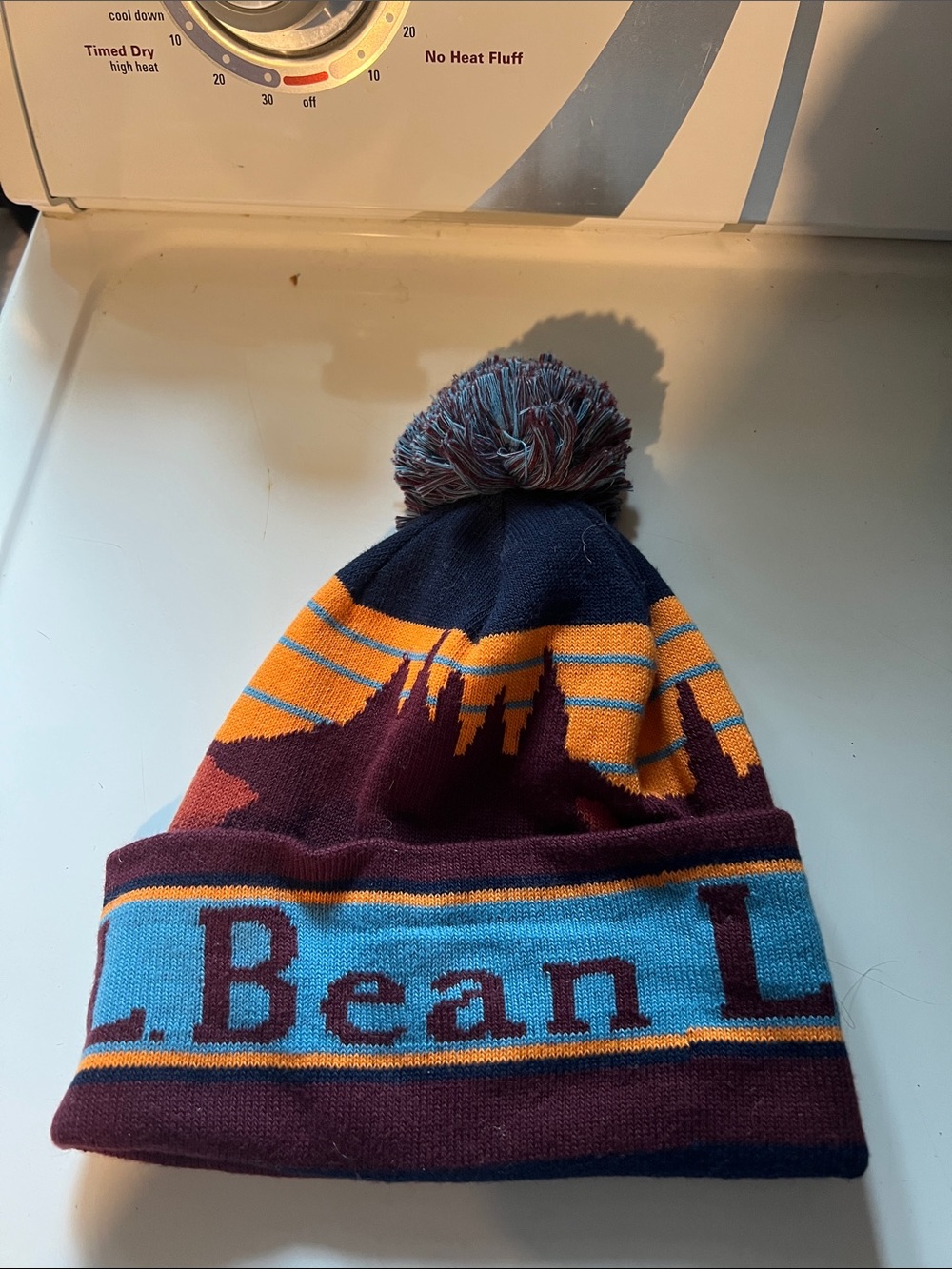 L.L. Bean Green Scenic Pom-Pom Adult Beanie with Multicolor Stripes